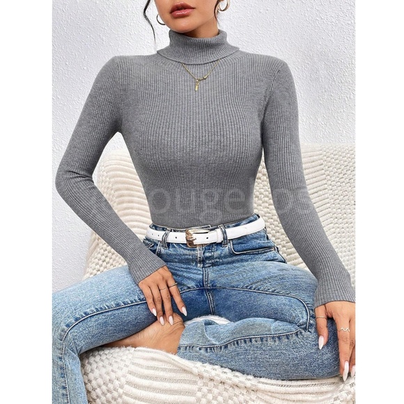 Gray Sweater Top Rib-Knit High Neck, Turtleneck  Long Sleeve Slim Fit - Picture 3 of 8
